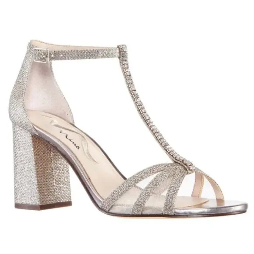 Nina Haviva Block Heels, Rhinestone Strappy Dress Sandals Silver SZ 6 - MARKDOWN